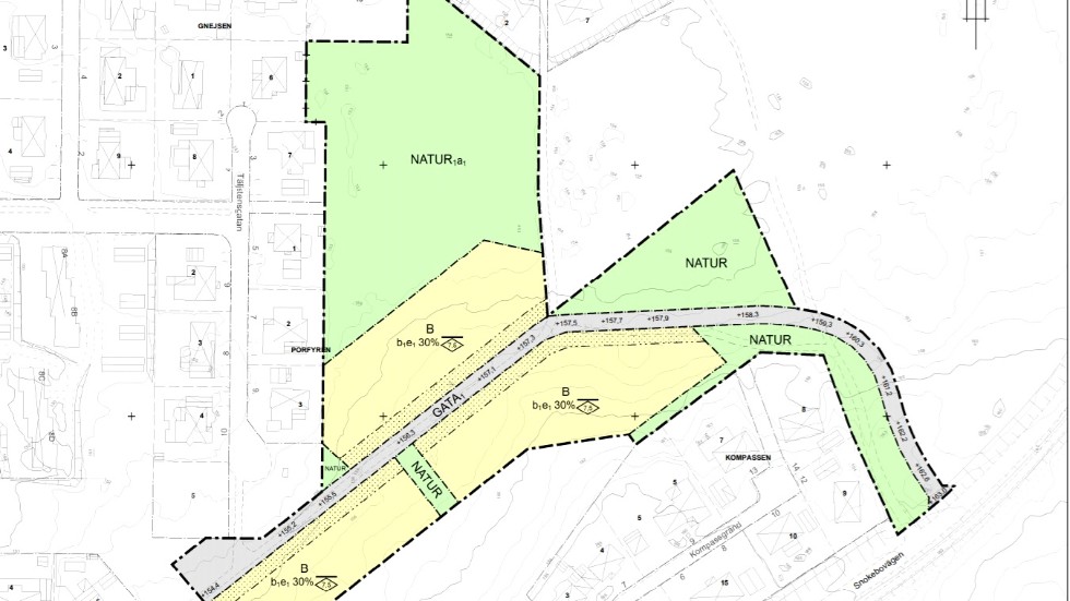 Så här ser plankartan ut i planen som lagts fram för antagande i fullmäktige på måndag. De gula fälten är bostadstomter de gröna är naturmark.