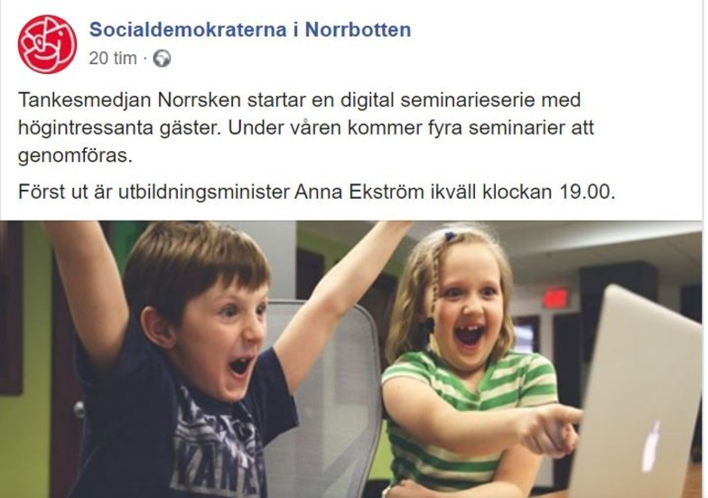 Tankesmedjan Norrsken arrangerar fyra digitala seminarier under våren.