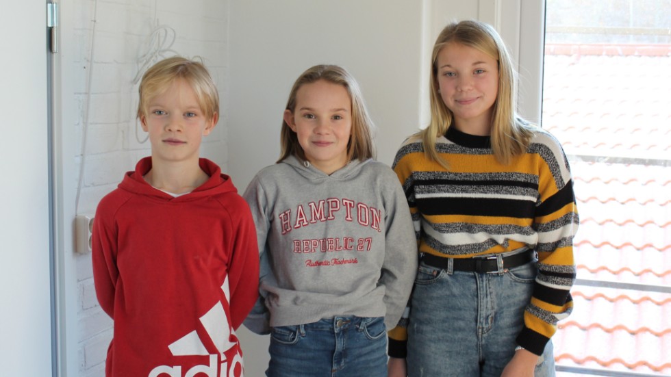 Isac Wall och Elsa Nilsson (mitten) tog Vena skola vidare till semifinal. Här tillsammans med klasskamraten Wilda Front (till höger). 