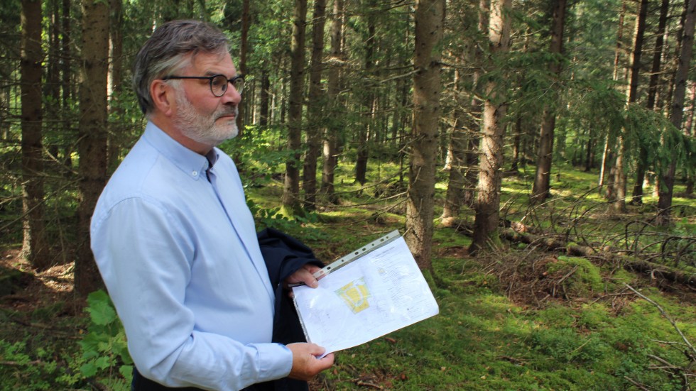 I skogen norr om Skeda udde planerar Roine Henrysson för 25 villor. Skogen består mestadels av 50-årig gran och tall.  