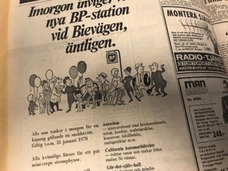 Kuriren för 50 år sedan: Annons inför morgondagens invigning av BP på Bievägen som har både California Automobiltvätt och autoshop.