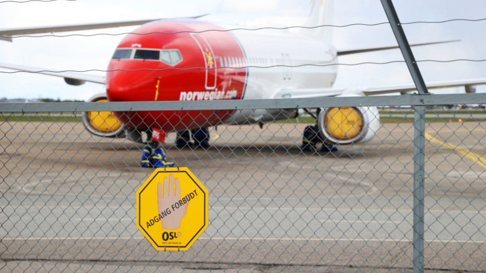 Rader av Norwegianplan är parkerade på Gardermoen flygplats i coronakrisen