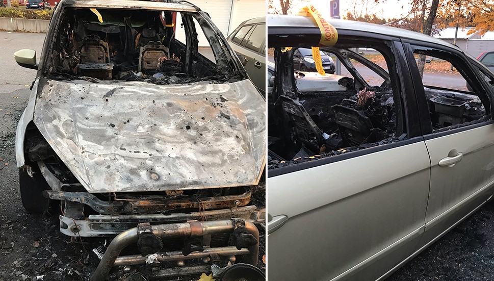 En bil blev utbränd och en annan bil fick omfattande brandskador i Strängnäs under natten till onsdagen.