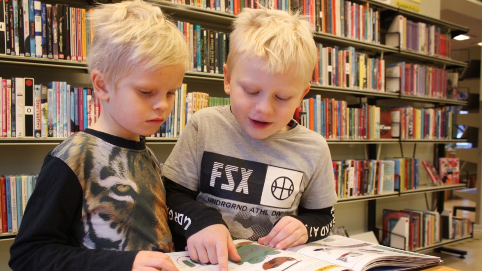 Nils Johansson och Elliot Larsson blev helt uppslukade av en bok om legobygge. "Jag är bra på lego, men det här verkar ganska svårt", säger Nils.