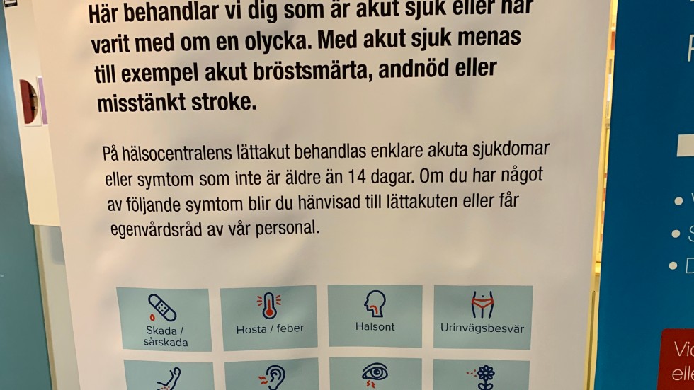 Utanför ingången till akuten vid Piteå sjukhus tydliggörs vad man inte behöver komma till akuten för, istället ska man vända sig till lättakuter vid hälsocentralerna.