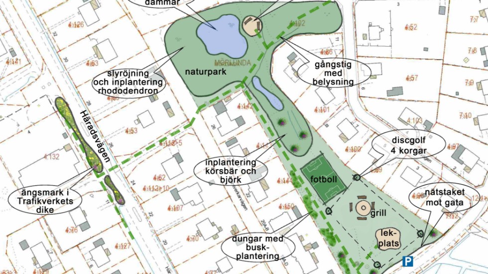 Här är den nya tilltänka parken i Mörlunda. Med damm, belysning, lekplats och mycket annat.