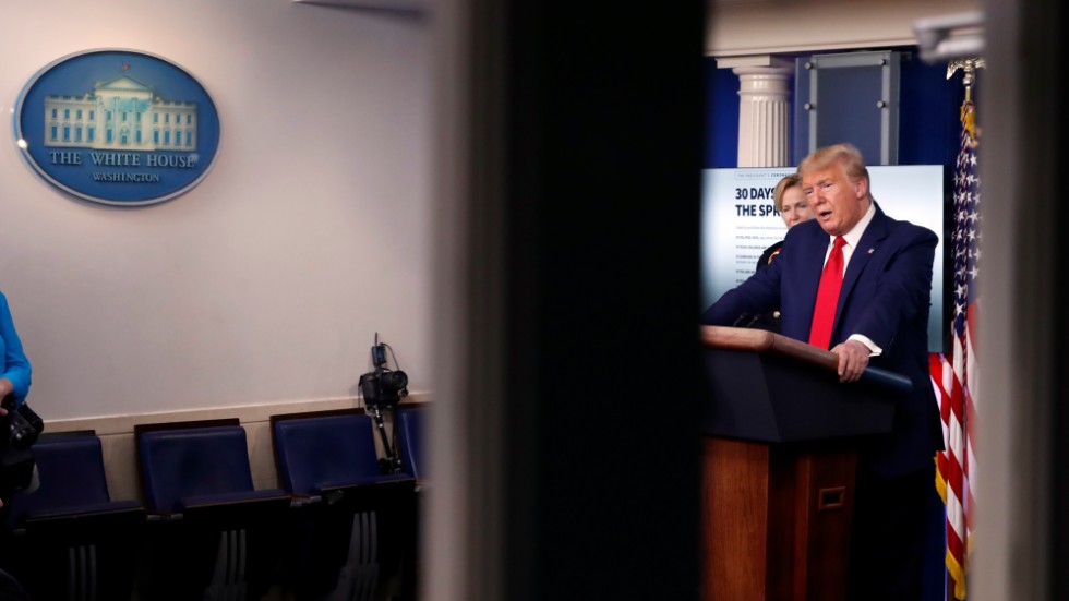 USA:s president Donald Trump håller presskonferens i Vita husets pressrum på tisdagen.