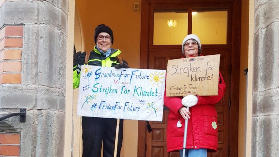 Insändarskribenten står varje fredag med sina plakat för
att stödja rörelsen: Strejk för klimatet..Till vänster Iréne Crona och Dorothee Hildebrandt.