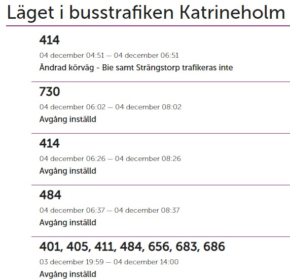 Så här såg det ut på Sörmlandstrafikens hemsida på onsdagsmorgonen. Sedan dess har flera linjer börjat gå igen.