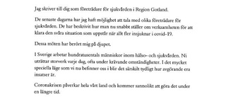 Kronprinsessans brev till den gotländska vårdpersonalen