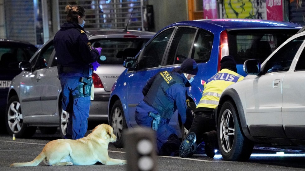 Polisens kriminaltekniker och vapenhund med hundförare säkrar spår efter skottlossningen vid en pizzeria på Ystadsgatan vid Möllevångstorget i Malmö i november. Arkivbild.