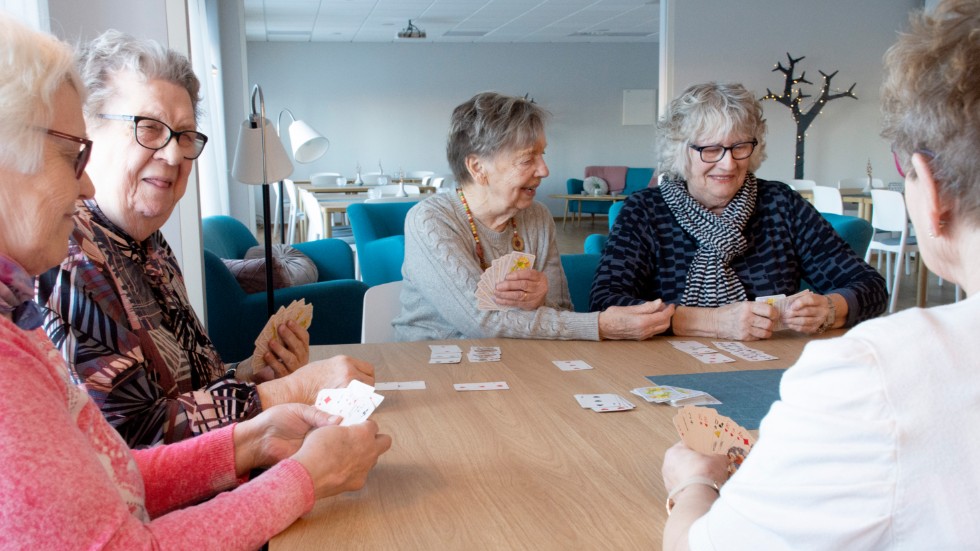 Barbro Westin, Eivor Hjärpe, Ingrid Åström, Berit Hortlund och Eveline Wikström träffas varje söndag och spelar kort tillsammans.