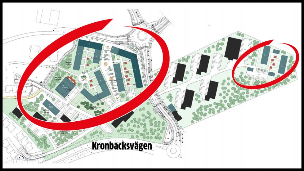 De röda ringarna visar var den nya bebyggelsen i Kulturbyn ska byggas.