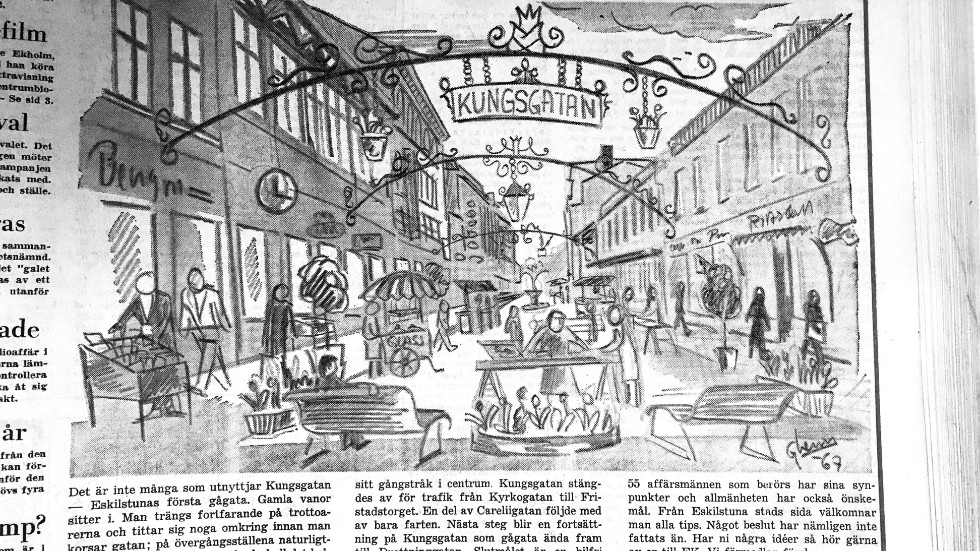 Eskilstuna-Kurirens tecknare Christer Glennings bild visar hur den nya gågatan skulle kunna se ut för att få mer liv och rörelse.