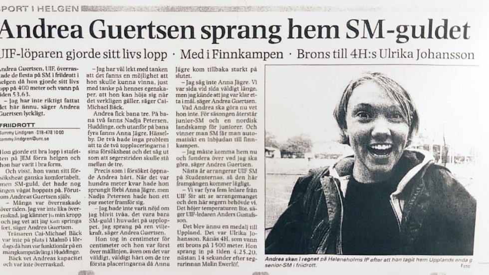 UNT den 9 augusti 1999. Andrea Guertsen har vunnit SM-guld på 400 meter på den fantastiska tiden 53,63.