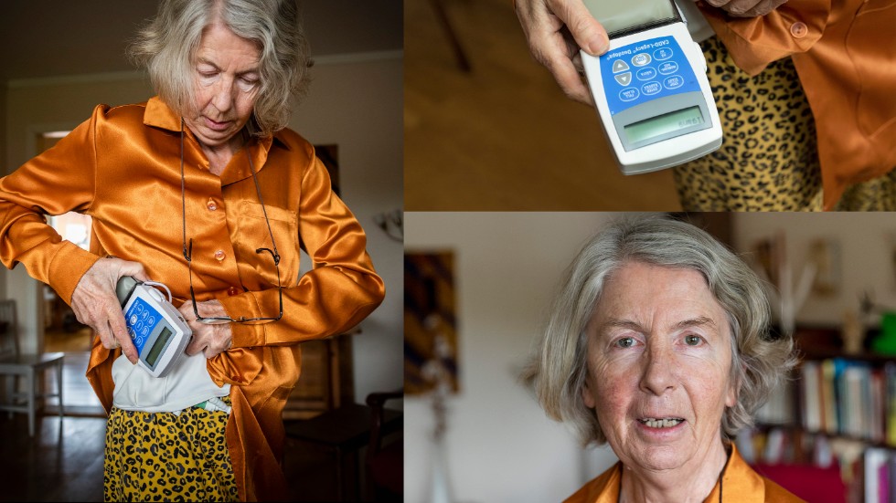 Karin Åkerlund har haft Parkinson i 25 år. Hennes nuvarande Duodopa-pump är till stor hjälp, men är tung och skrymmande. Hon har på sig ett egetkomponerat linne där hon bär pumpen. 