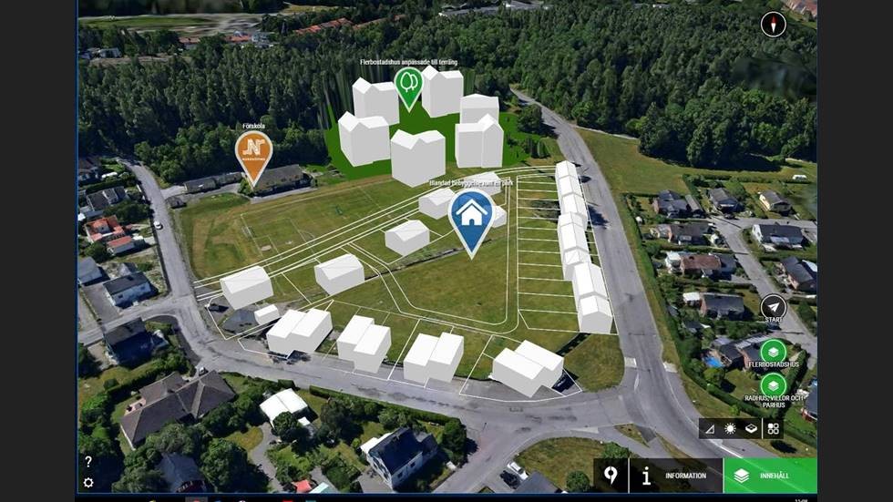 Så här ser de nuvarande planerna på bebyggelse på Smedby IP ut i en 3D-modell.