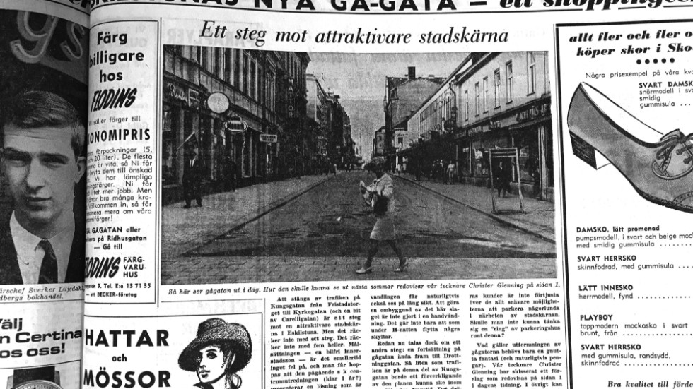 Kungsgatan i Eskilstuna blev gågata samma dag som högertrafik infördes, det vill säga den 3 september 1967. Tidningsartikeln är den 22 september samma år. 
