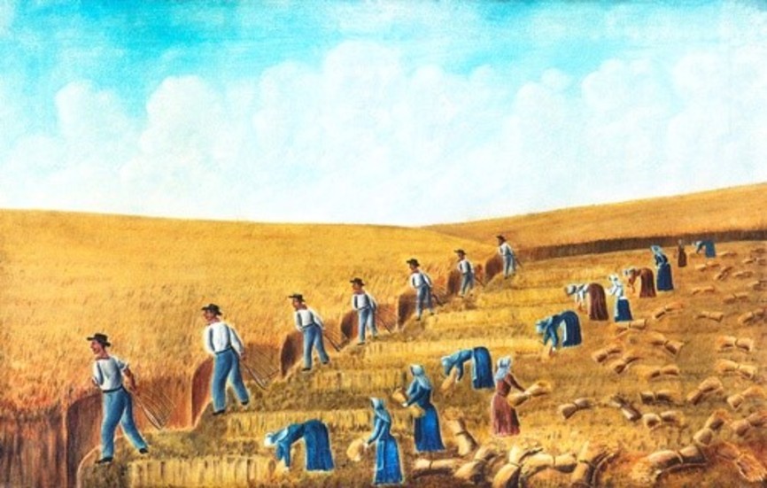 Skörd i Bishop Hill, Illinois USA. Målning av Olof Krans. Konstnären och hans familj kom till Bishop Hill 1850 och han har dokumenterat församlingens liv i sina målningar.