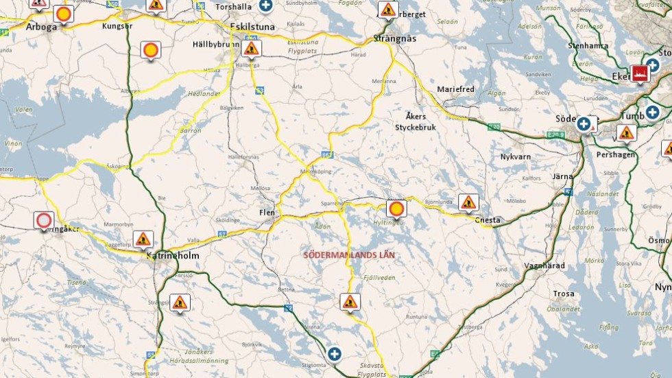 Gott om gula och orange vägar i Sörmland på Trafikverkets väglagskarta på webben.