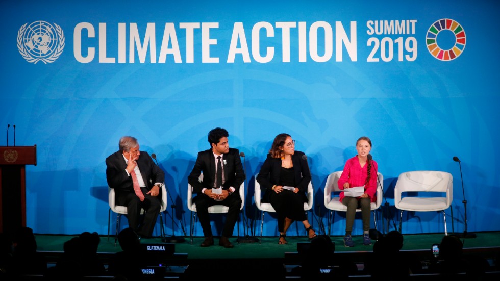 FN:s generalsekreterare Antonio Guterres (till vänster) och Greta Thunberg (till höger) under FN:s klimatmöte i september.