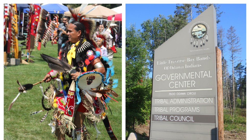 Ordet "indian" används ofta i officiella stamnamn, skriver Dan Jibréus. Till vänster en pow wow, kulturmöte, i Harbor Springs, Michigan, och till höger skylten till "Little Traverse Bay Bands of Odawa Indians Governmental centre".
