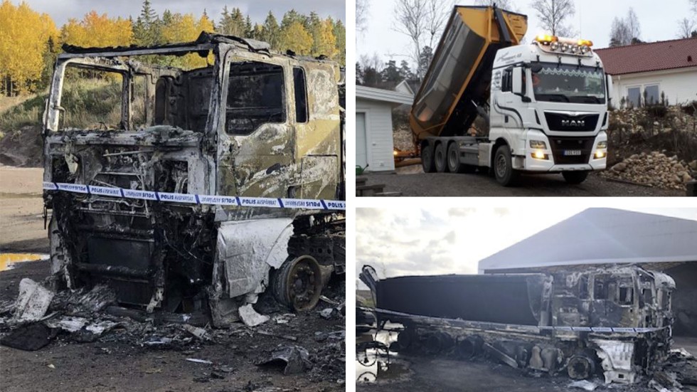 På söndagen upptäcktes att två lastbilar förstörts i en anlagd brand i en bergtäkt i Normstorp. Bilden i övre högra hörnet visar hur en av lastbilarna såg ut före branden. 