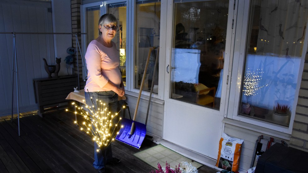 Gunilla Rutberg, 70, på Björkskatan tittade ut och såg hunden kika upp från dörrmattan utanför hennes altandörr. "Jag blev jätteöverraskad", säger hon.  