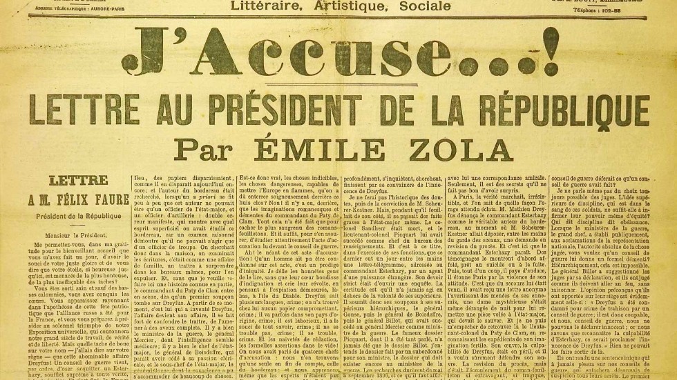 Förstasidan på dagstidningen L’ Aurore den 13 januari 1898 med Émile Zolas anklagelseakt i Dreyfusaffären. 