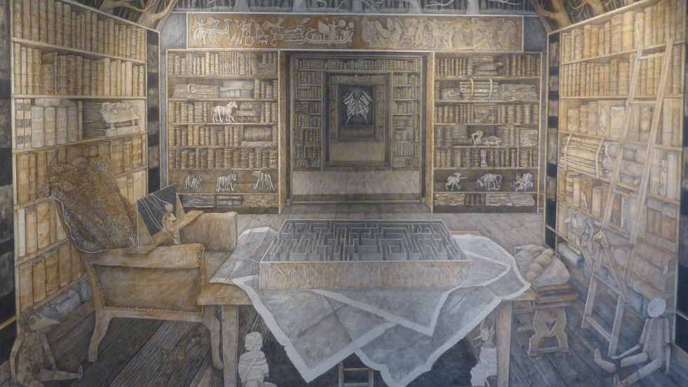 ”Biblioteket”, blyerts och sepia, en av Krister Johanssons stora teckningar.