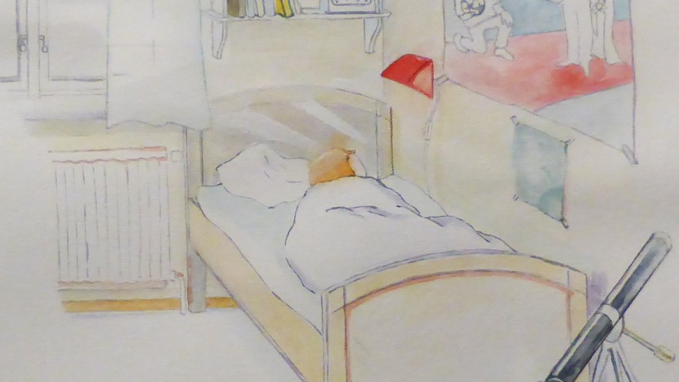 Pojken drömmer i sin säng. Teckning av Filip Cesinski. (Bilden är beskuren.)