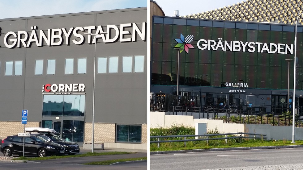 Separata fasadskyltar med betäckningen Gränbystaden finns i dag både vid det som tidigare hette Gränby köpstad (till vänster) och det hette Gränby centrum (till höger).