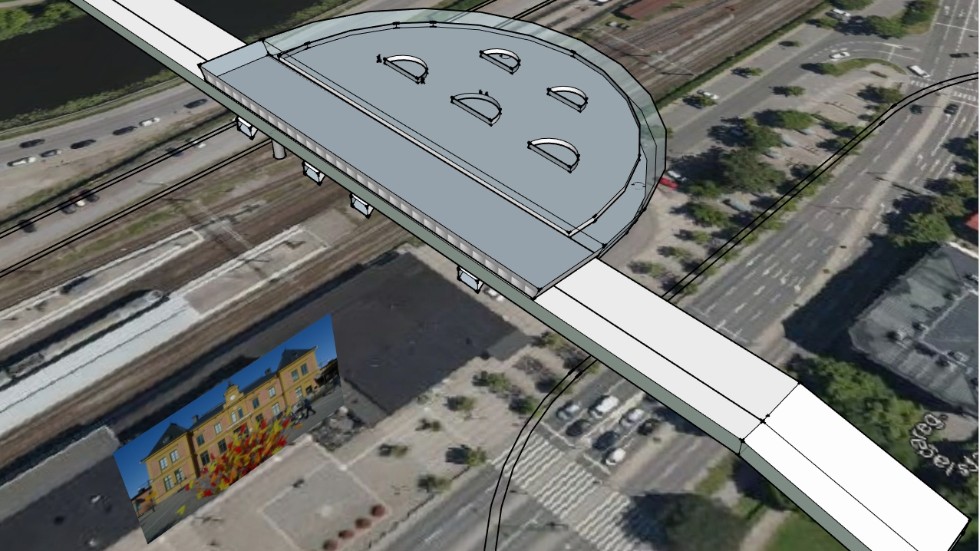 Järnvägsfrämjandets förslag är en gång- och cykelbro med en halvcirkelformad byggnad på pelare.