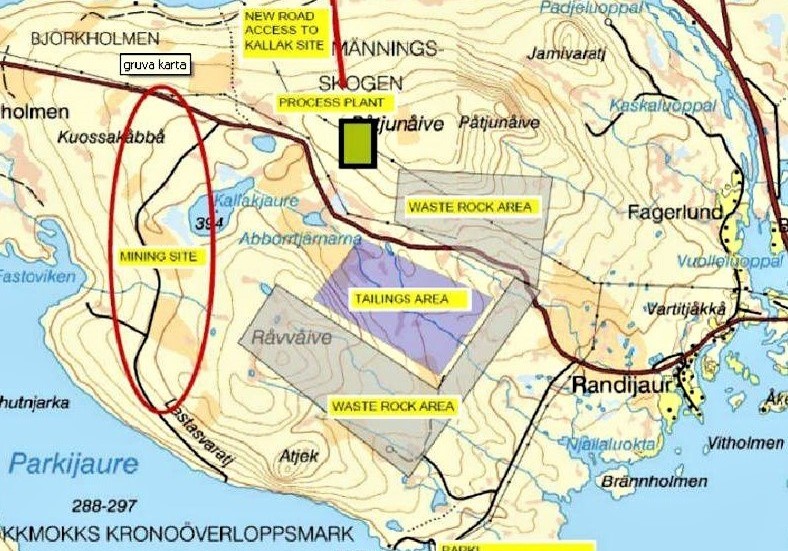 Karta över det planerade gruvområdet Kallak. Det lila området som benämns som "tailing area" är området för den tänkta anrikningsdeponin. Längs ned i bilden ligger Parki kraftstation.