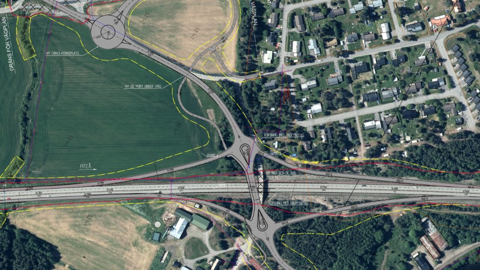 Så här är det tänkt att den nya trafikplatsen söder om Piteå ska se ut. Den ska innehålla båda på- och avfarter mot Hortlax respektive Tingsholmen.