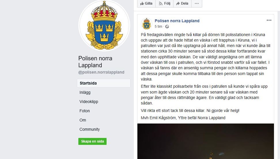 Polisen i Kiruna hyllar killarna i ett inlägg på sociala medier. 