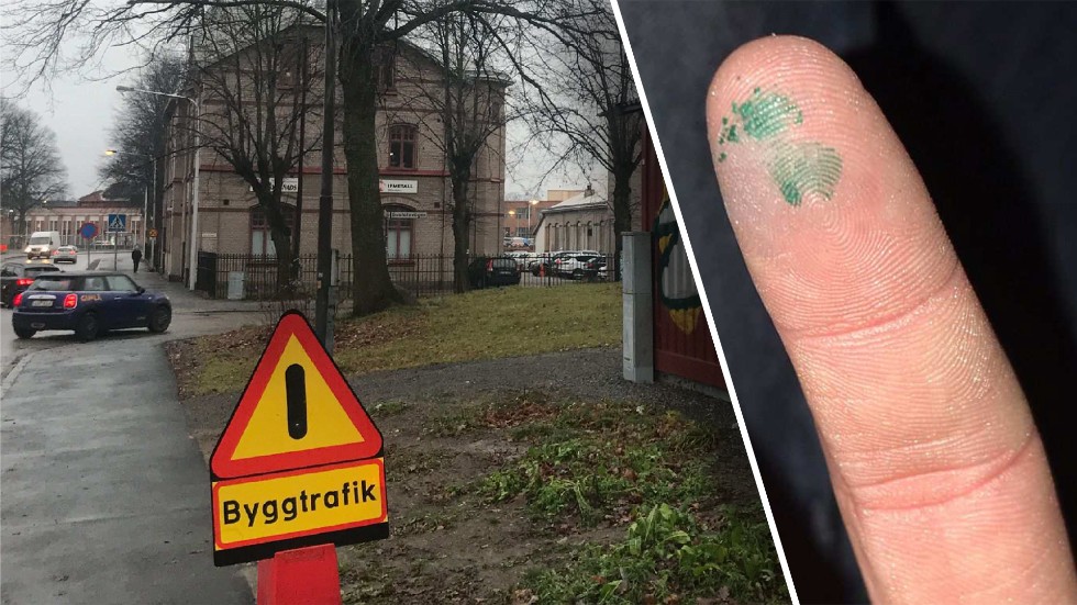 Två klottrare sprejade en stor tagg på en mindre byggnad på Munktellsgatan i mars. En misstänkt greps på flyende fot av en ledig polisman. Den misstänkte hade färg på fingrarna.