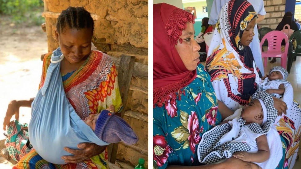 Begagnatmarknaden har skänkt babyutrustning till Kenya, via barnmorskan Lena Vidstege, som jobbar som volontär. Kvinnan t v kan bara använda en arm och använder bärsjal, t h tvillingar i bärsele - allt från begagnatmarknaden. 