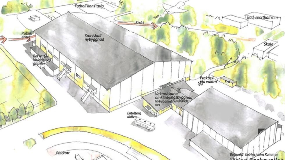 En arkitektonisk vision av hur bandyhallen skulle kunna se ut, som den presenterats för bland annat oppositionspolitikerna.