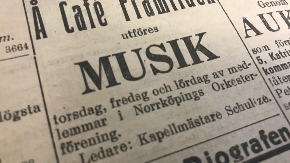 Kuriren för 100 år sedan: Annons för Café Framtiden vars nya ägare bland annat satsar på musik.