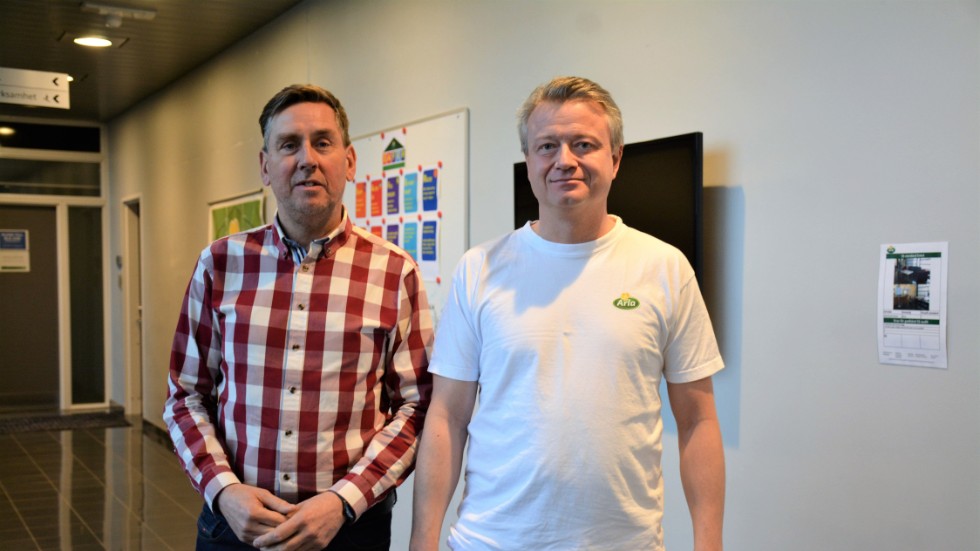 Logistikchef Mats Nilsson och platschef Magnus Dahlblom basar över 90-talet anställda på Arlas anläggning i Vimmerby.