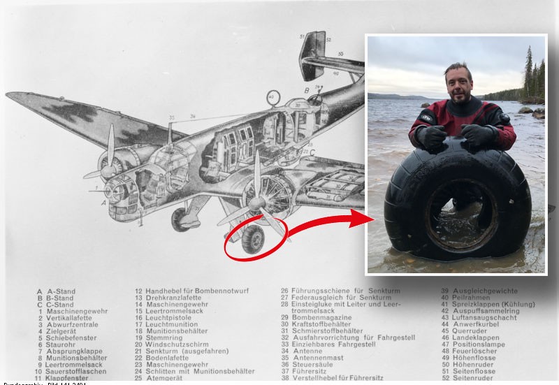 Dykaren Simon Kenttä poserar med ett av bevisen på att expeditionen funnit rätt flygplan. Ett svensktillverkad landningshjuldäck. "Jag pumpade däcket under vattnet för att lättare få upp det.", säger Simon Kenttä.