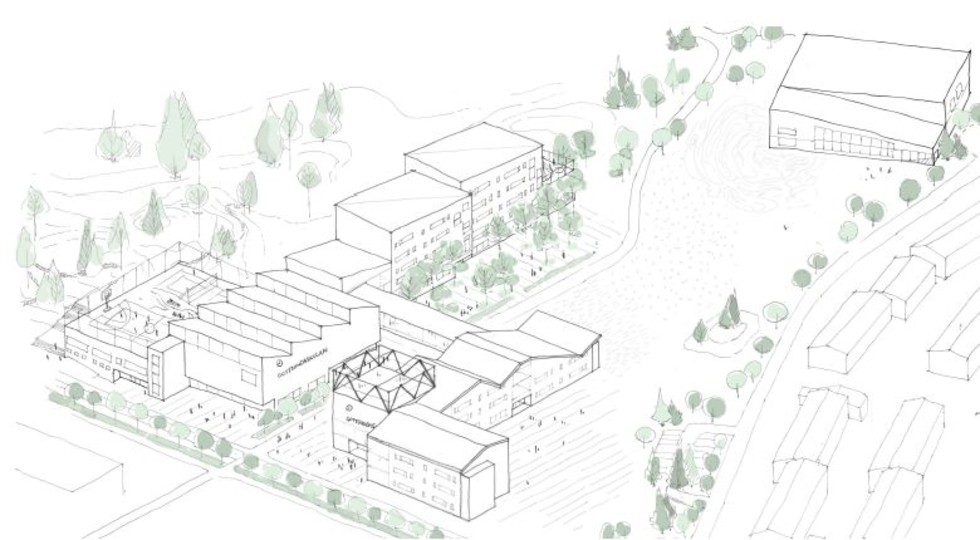 Preliminär skiss över det planerade skolområdet som ska ersätta nedbrunna Gottsundaskolan. 
