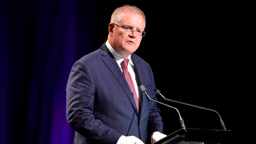 Australiens premiärminister Scott Morrison uppmanar australier att stanna hemma. Arkivbild.