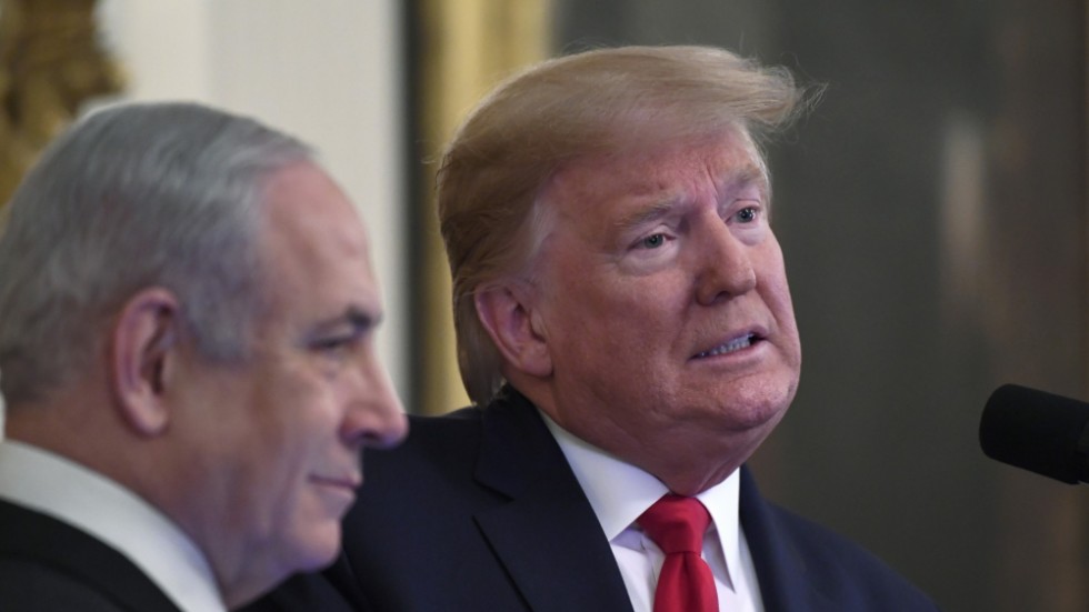 USA:s president Donald Trump och Israels premiärminister Benjamin Netanyahu under en presskonferens i Vita huset i januari då Vita husets fredsplan för Mellanöstern presenterades.