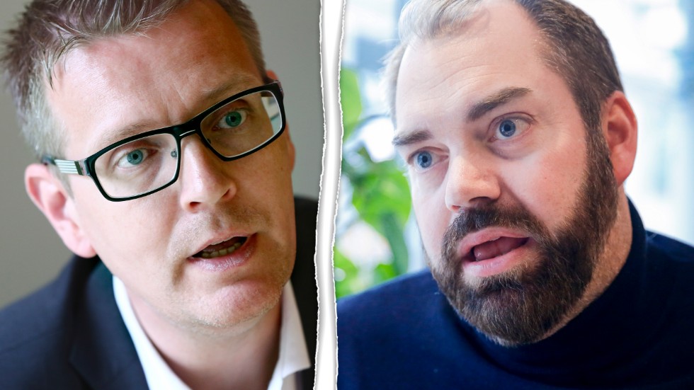 Politisk strid om kostnadsutjämningen. Mattias Karlsson (M) röstade mot det förändrade kommunala utjämningssystemet, medan S-politikern Fredrik Lundh Sammeli försvarar beslutet i riksdagen. 