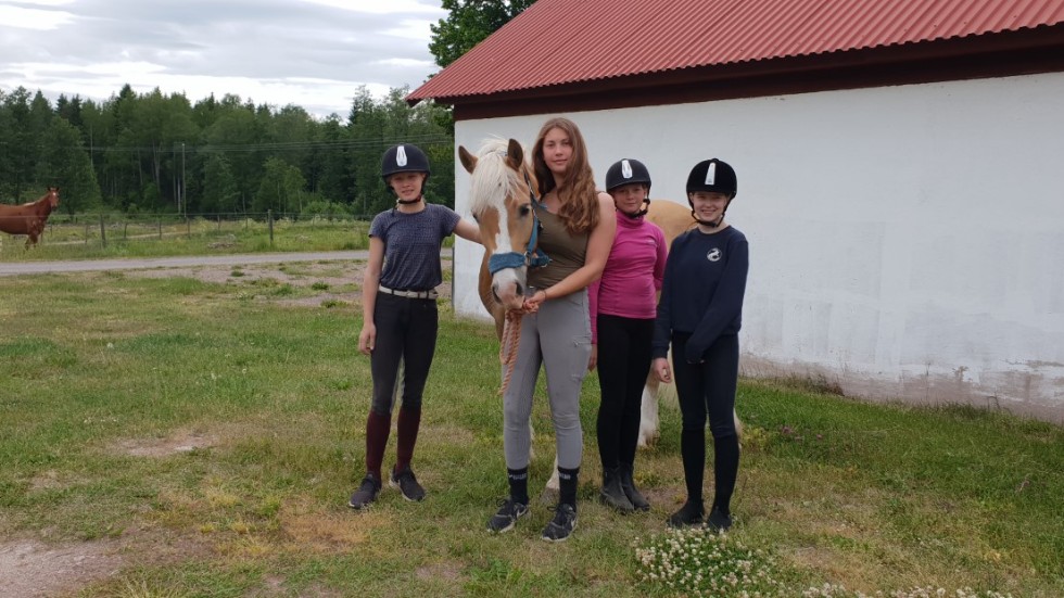 Från vänster syns Julia Granath, ridskolehästen Orion, ridlärare Isabelle Andersson, Emilia Ringström, Wilma Persson