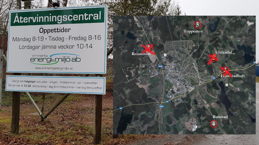 Krönsmon är inte längre aktuell placering för en ny återvinningscentral i Vimmerby. Nu återstår bara två altermnativ, Runstad utmed Tunavägen eller direkt söder om den nuvarande centralen vid Toppesten.