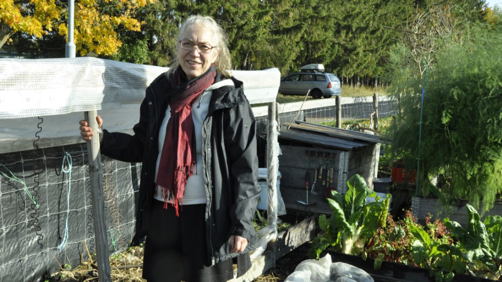 Eva Källander i Årsta kallar sig för höghusbonde och har odlat grönsaker i stor skala i flera år. Här står vid sin drivbänk där hon i sommar odlat gurkor och tomater.