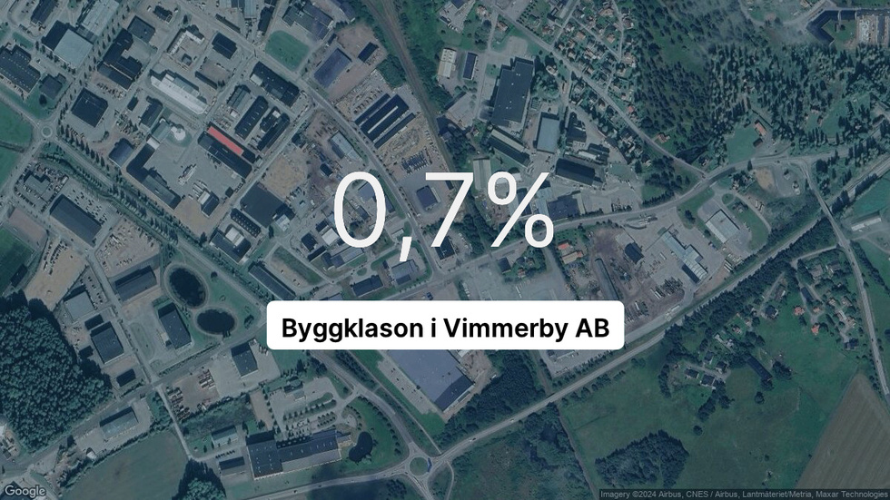 Illustrationen visar rörelsemarginalen för Byggklason i Vimmerby för det senaste året. Bakgrunden är en satellitbild över företagets adress.